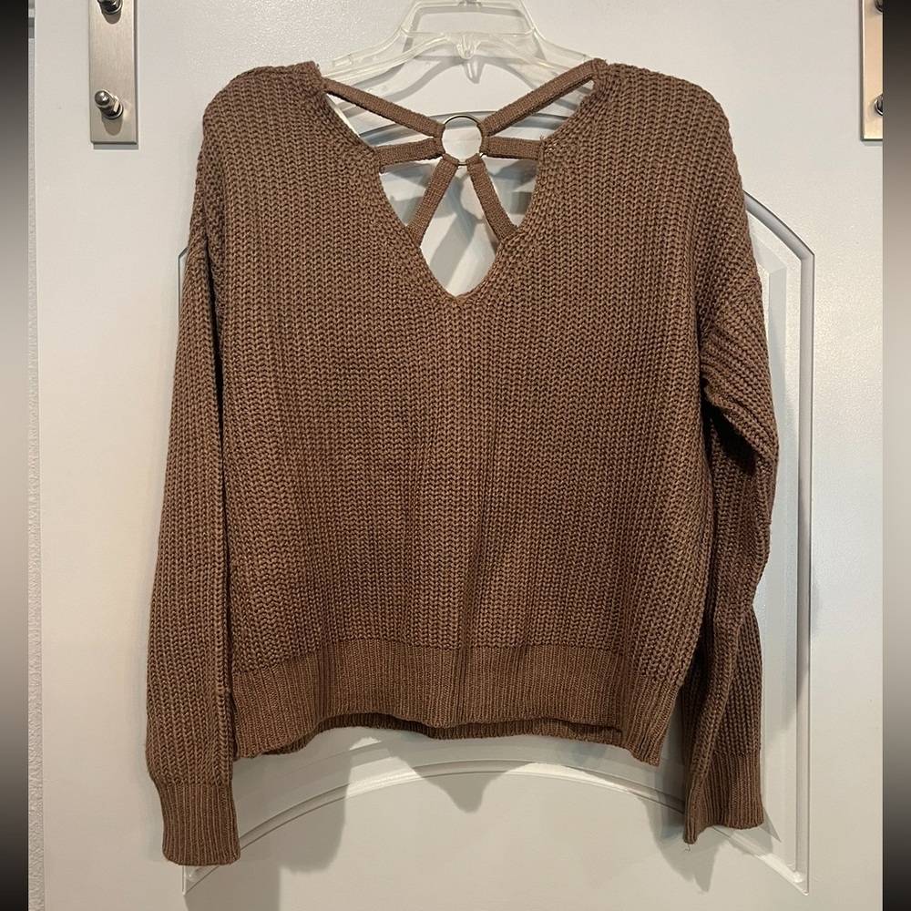 Say What? Brown V-Neck Sweater with Back Ring Detail. GUC! So cozy! - Picture 4 of 9